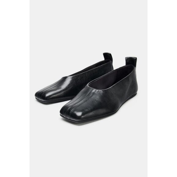 ZARA SQUARE TOE LEATHER BALLET FLATS - Picture 1 of 5